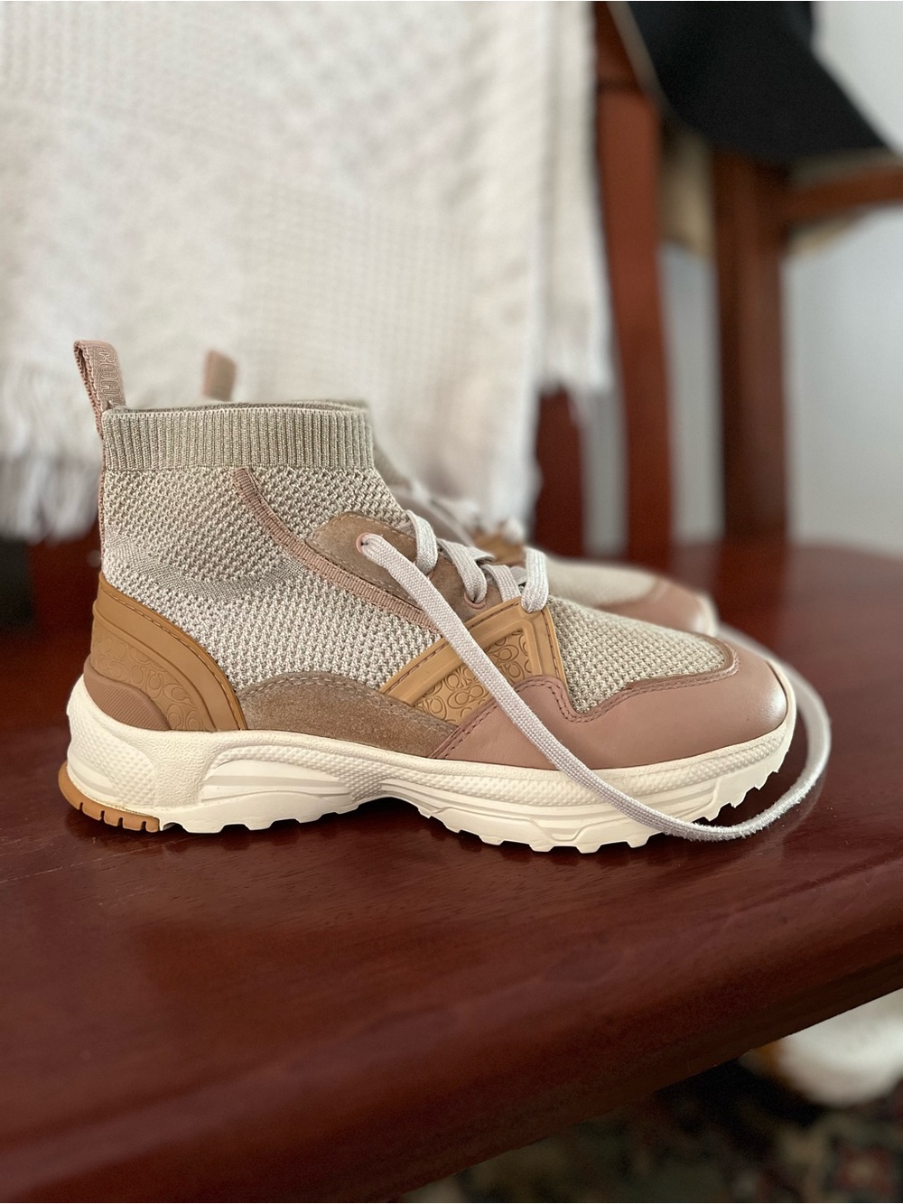 Coach Knit High-Top Sneaker in Beige and Tan